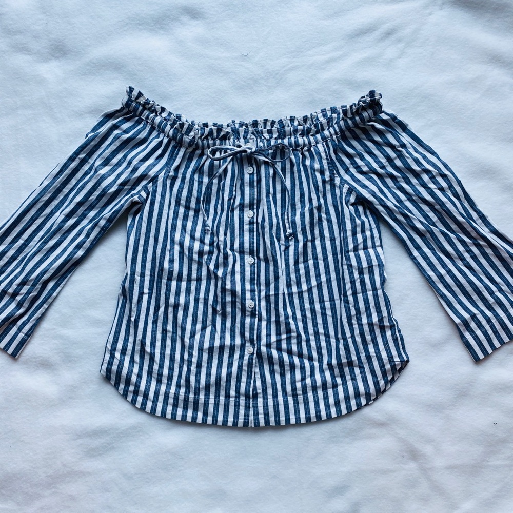 Madewell off-shoulder navy striped blouse